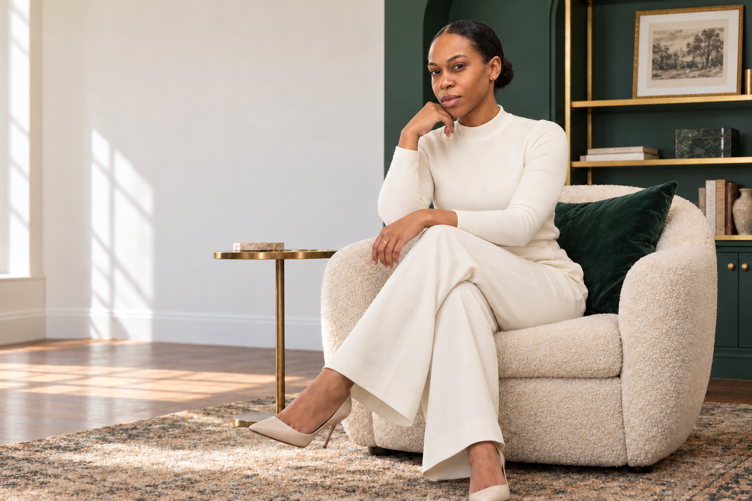 Charnell Gulley, RN, seated in a cream armchair in front of deep green shelving